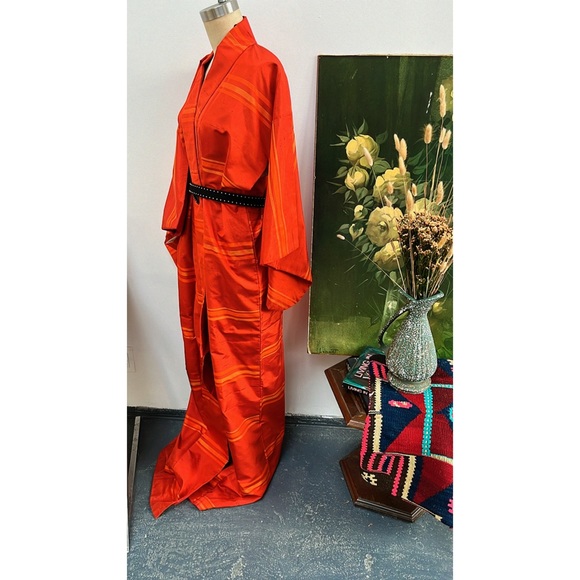 Vintage Dresses & Skirts - Vintage Silk kimono orange horizontal stripes